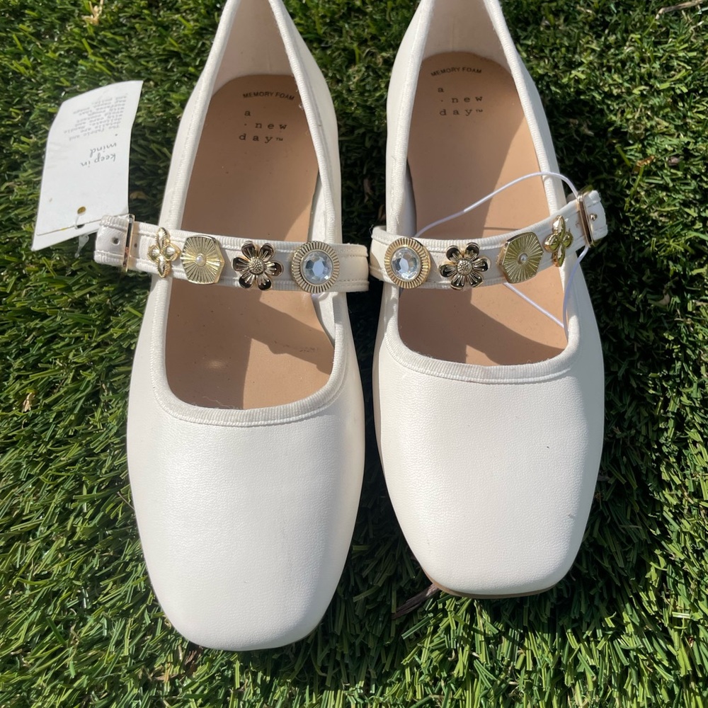 a new day Cream Mary Jane Flats with Gold Floral Strap